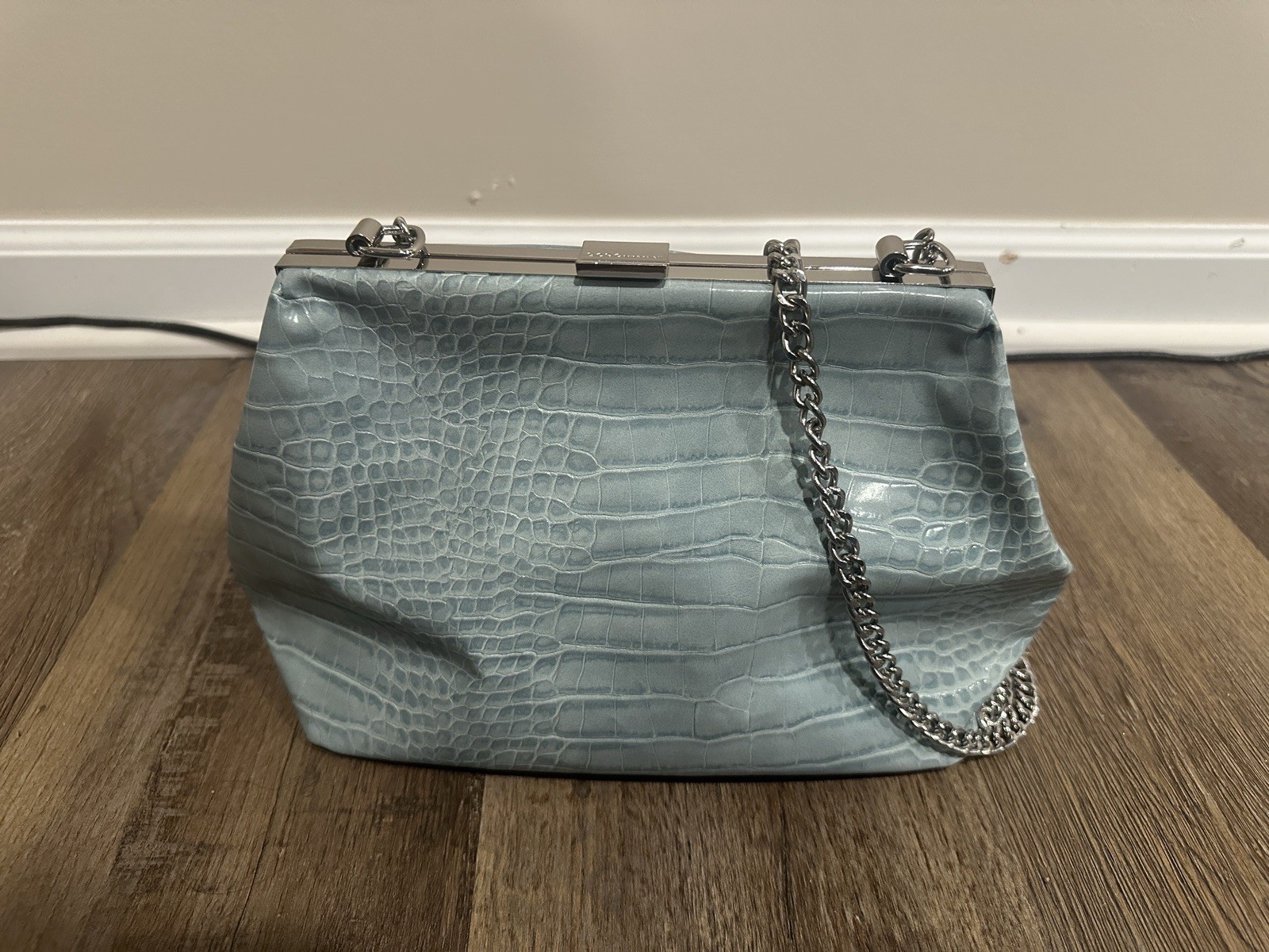 BCBGeneration Light Blue Shoulder Bag Crocodile Embossed Chain Strap Silver Har…