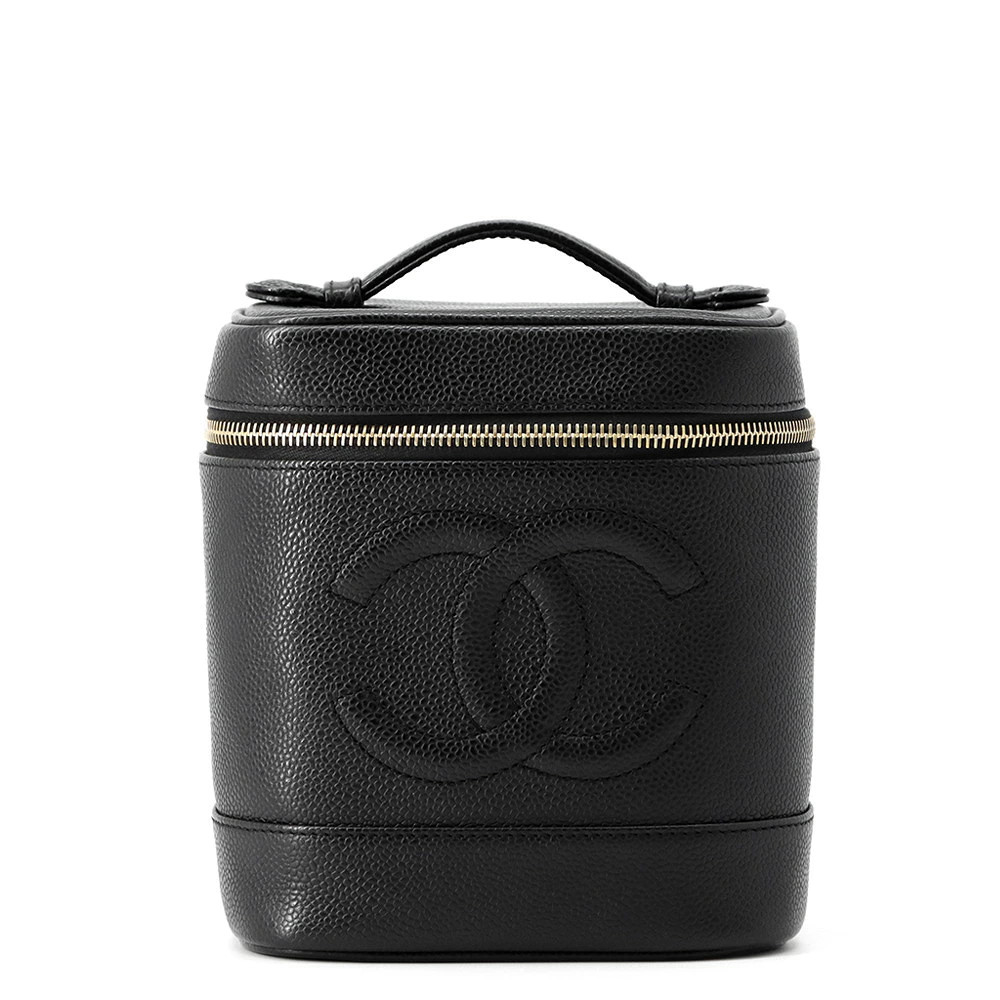 Chanel Coco Mark Caviarskin Vertical Cosmetic Pouch Black A01998 Bag #TZB1532