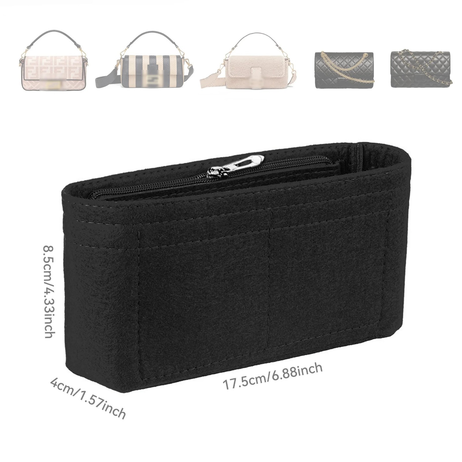 Felt Bag Organiser Insert with Zipper Multi-Pocket Purse Liner for Handbags