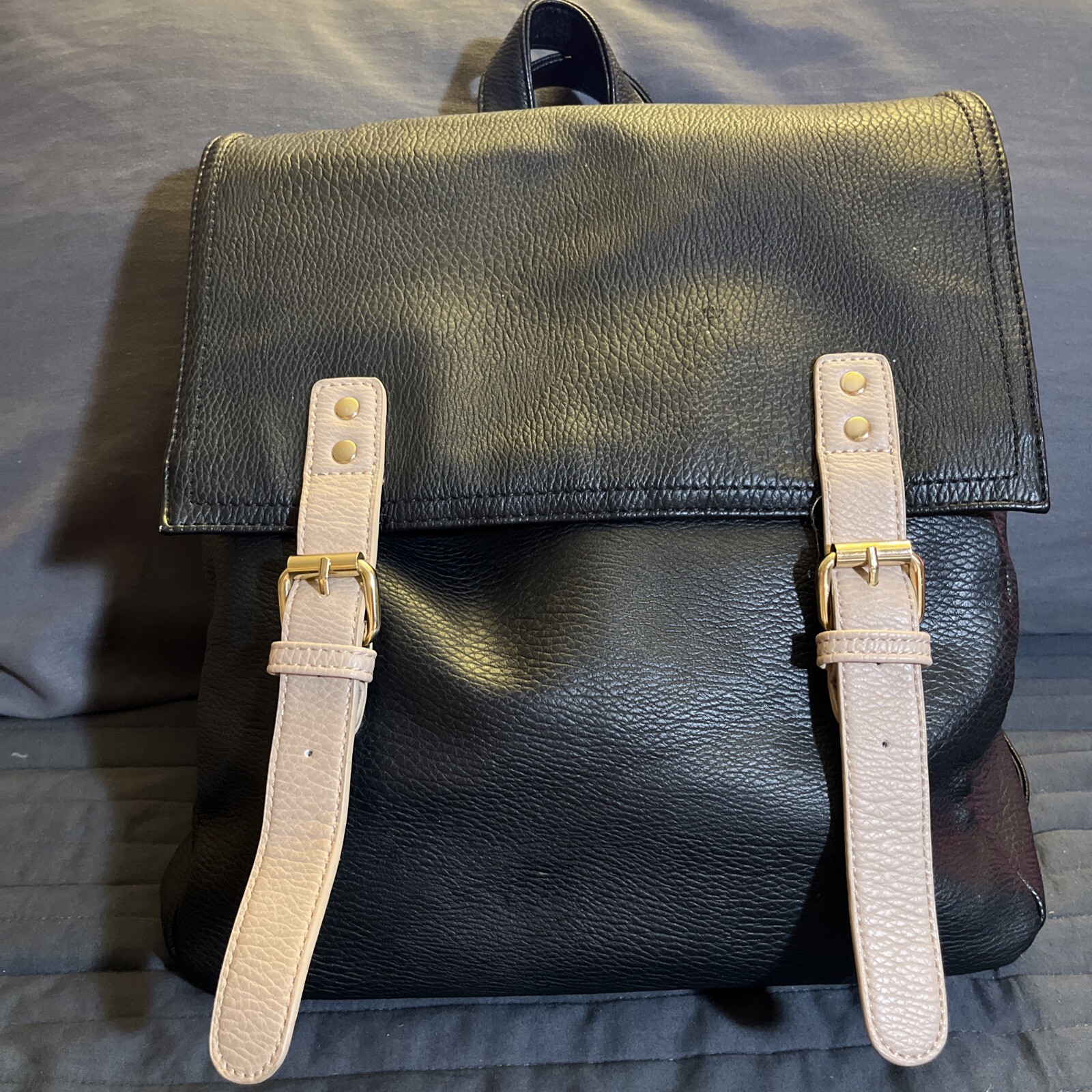 Madison West Backpack Messenger Bag Black Vegan Leather Pebbled Lots Of Pockets