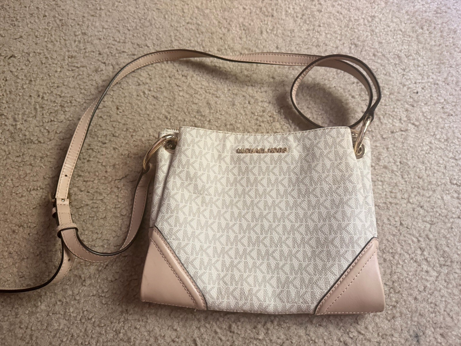 Michael Kors Logo Small Crossbody Bag Zip Closure Beige/Pink Gold-Tone