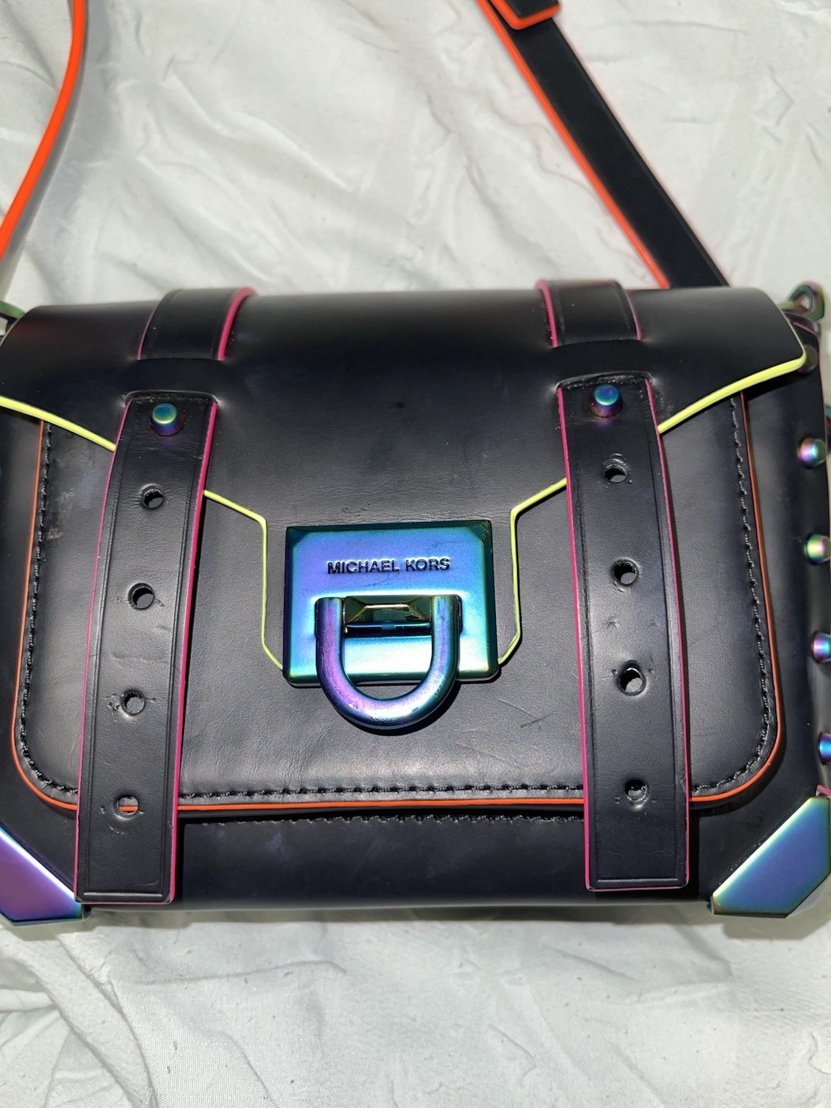 Michael Kors Manhattan Iridescent Hardware Black Leather Satchel Crossbody Bag