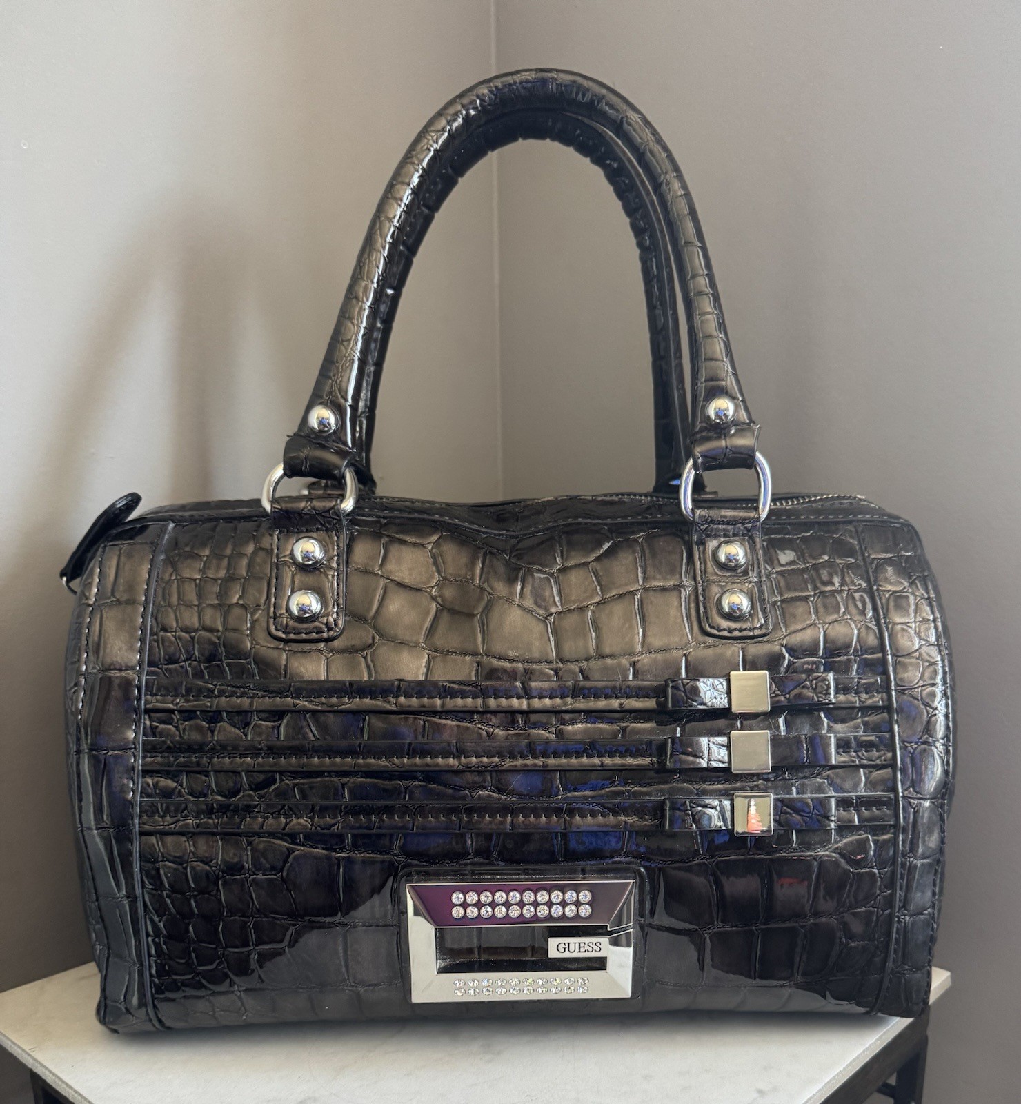 Vtg Guess 90’s Y2K Black Croc Patent Embossed Logo Doctor RHINESTONE Bow Bag