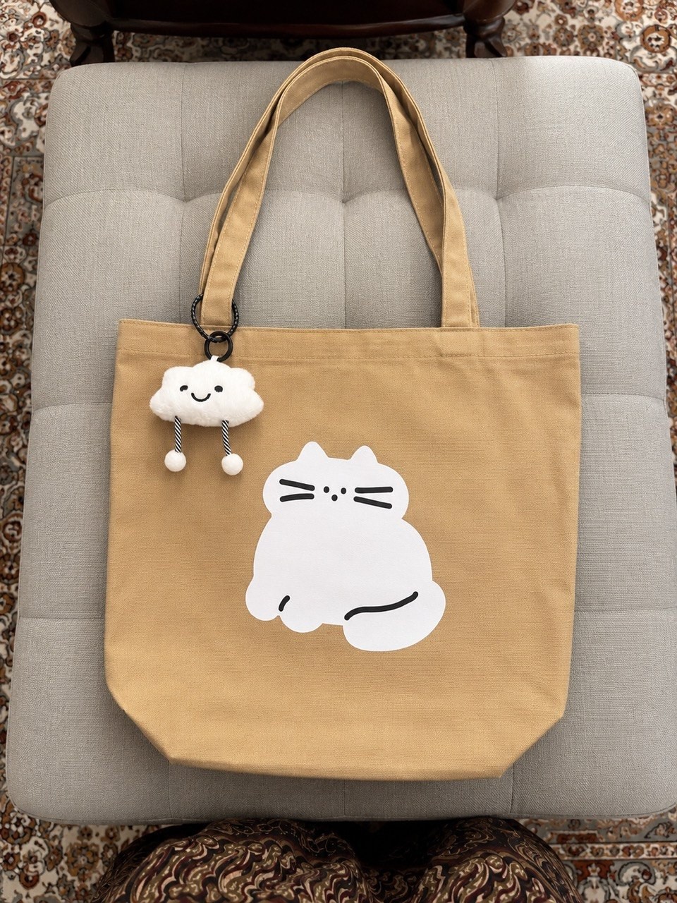 Cute Cat Canvas Sling Bag With Cloud Plush Charm