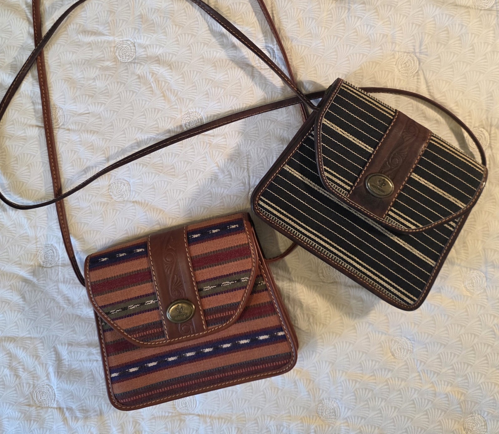 2 Antigua Brand SM Shoulder Bags Canvas & Leather Multicolor & Black Stripe New