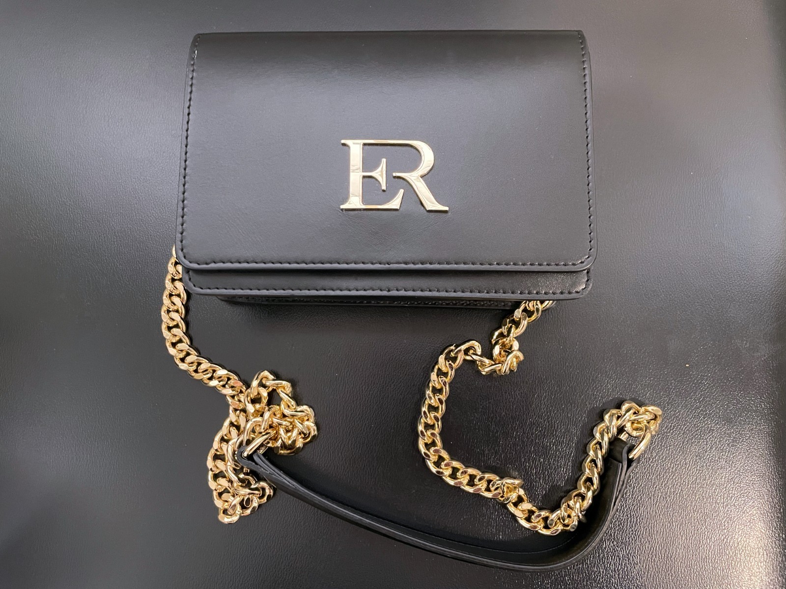 Evaro Italia Black Leather Bag Gold Chain Made in Italy $980 Retail