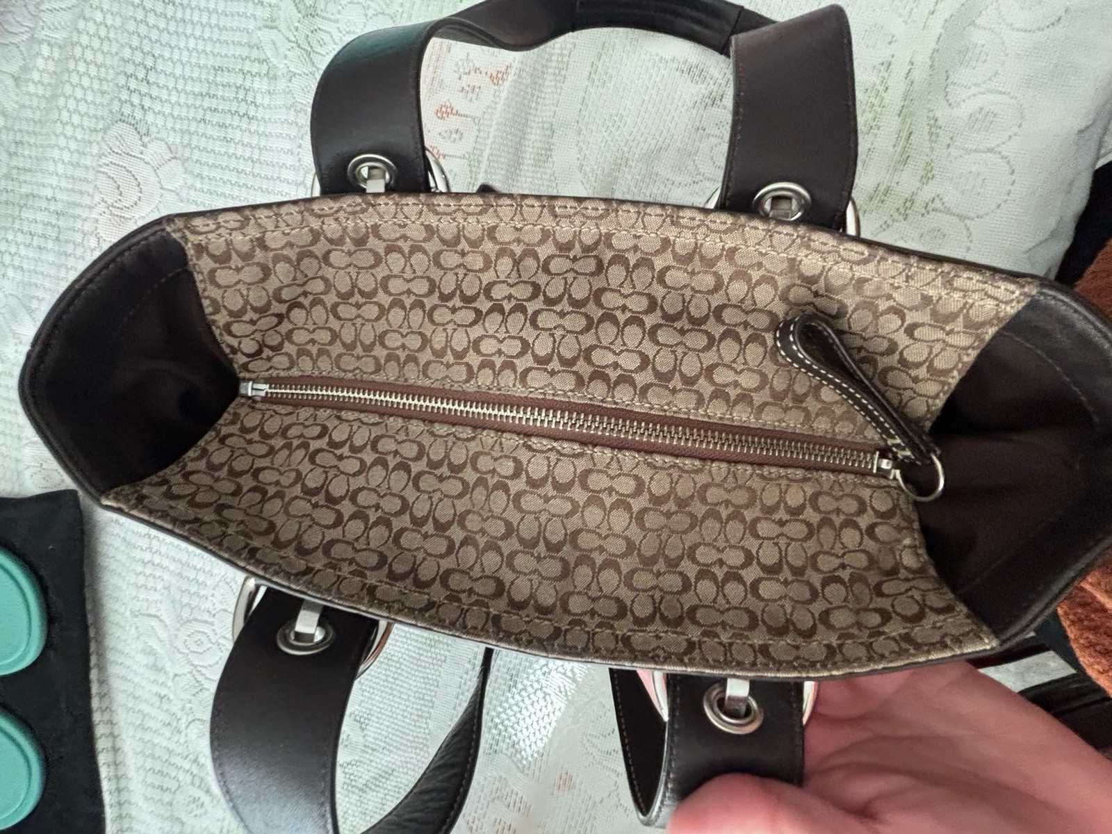 Coach Brown Monogram Tote Bag Silver Hardware Zip Closure Detachable Strap