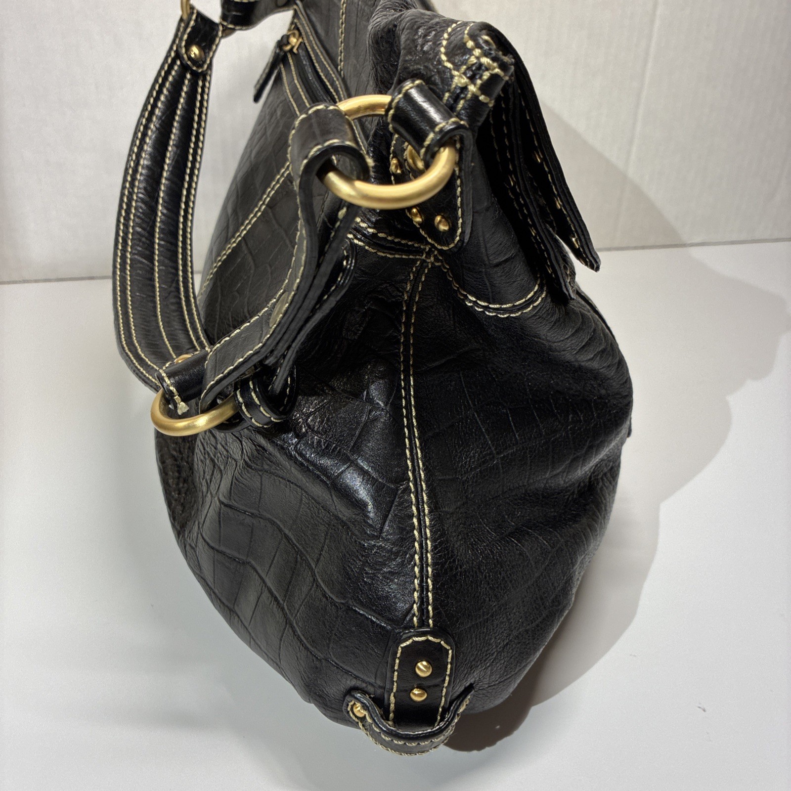 Maxx New York Black Leather Croc Slouchy Chunky Hardware Studded Shoulder Bag