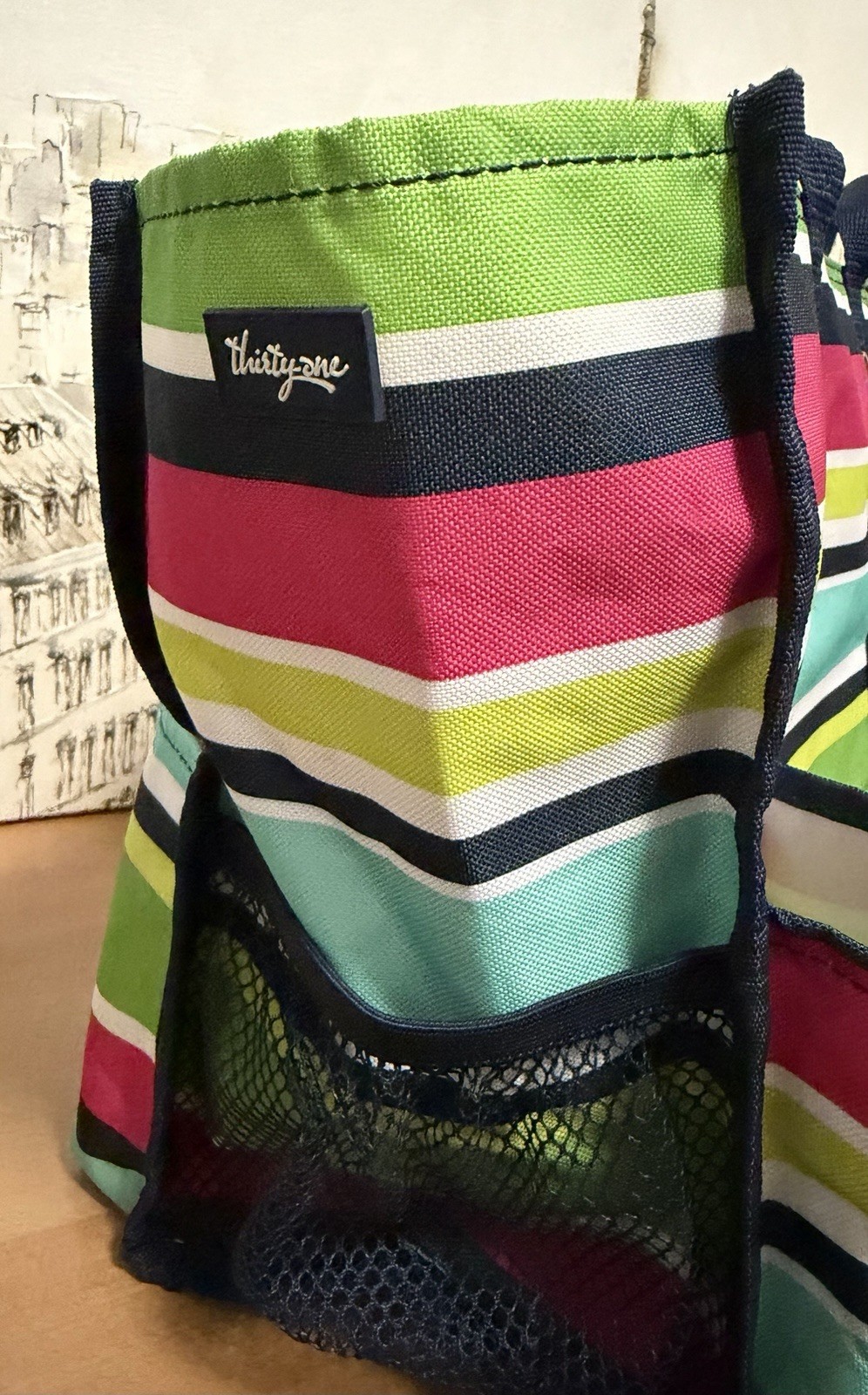 Thirty One Zip Top Organizing Utility Tote in Preppy Pop Stripes Colorful. New.