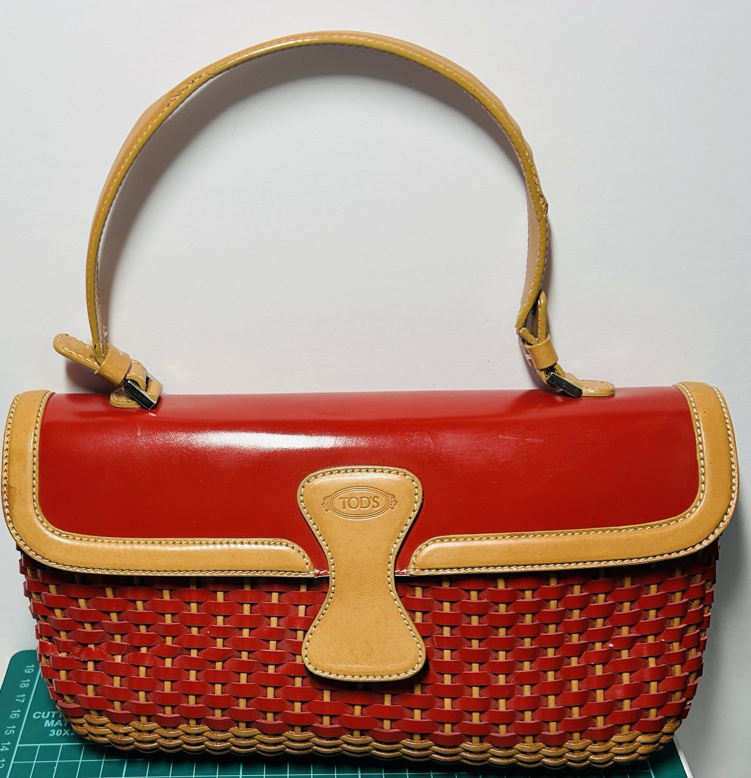 Auth Tod’s Italy Red Leather Woven Basket Top Handle Bag Purse Vachetta $1500