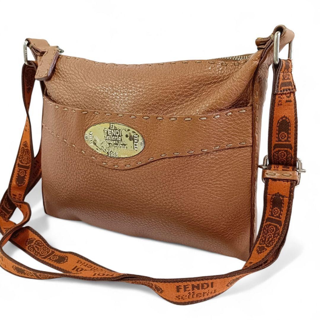 FENDI Shoulder Bag Selleria Camel Leather Size: W9.4 x H7.9 in. Vintage