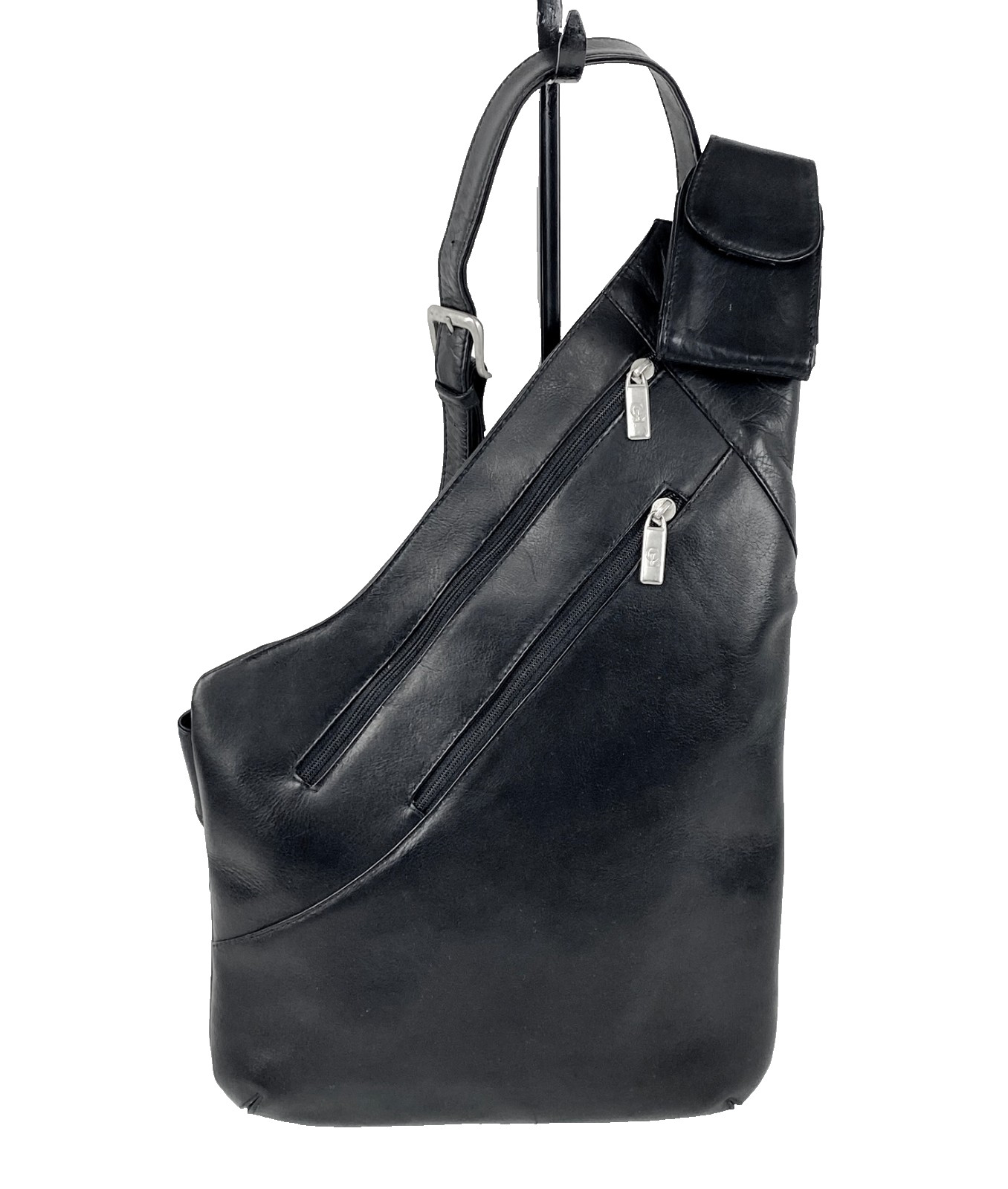 Santini Black Leather Sling Backpack Purse Thick Supple Leather Deluxe Satchel
