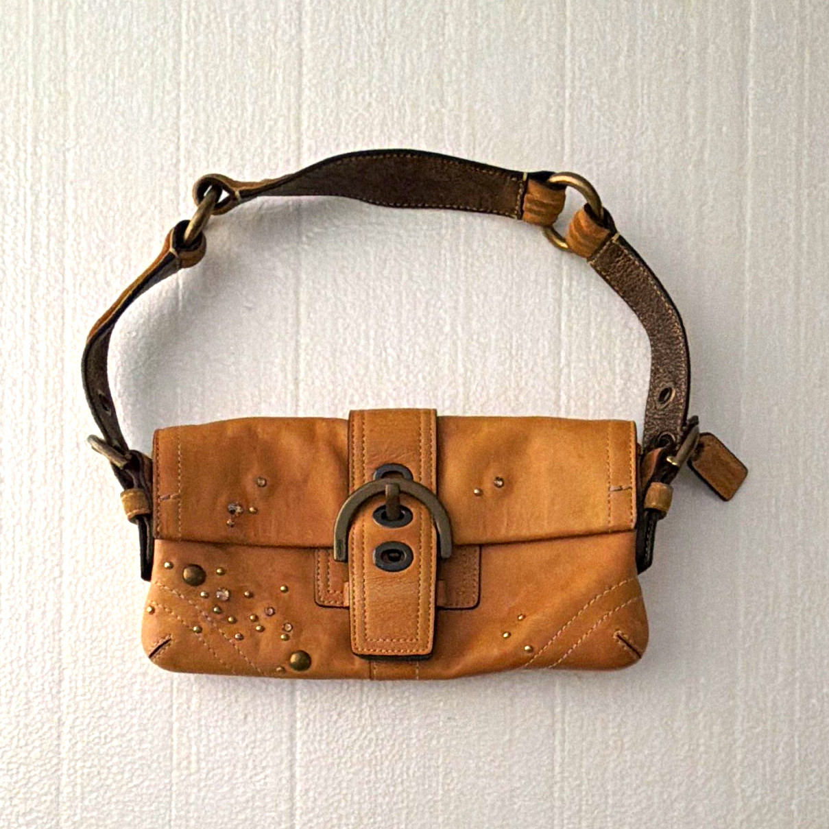 Coach Tan Studded Buckle Flap Shoulder Bag Pink Lining Inner Pockets