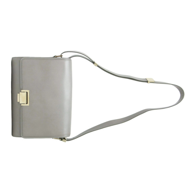 SMYTHSON Gray Leather Square Shoulder Bag with Flap, Embossed VG ship From JAPAN