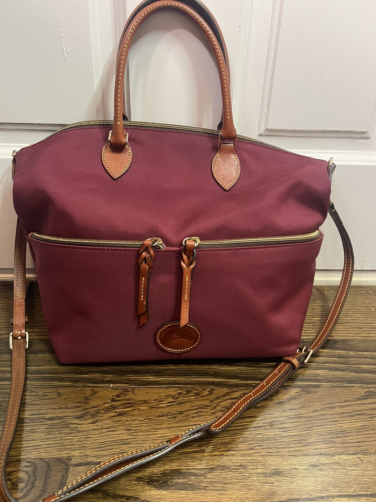 Dooney Bourke Nylon Cranberry Large Pocket Satchel Tote Adj Removable Strap