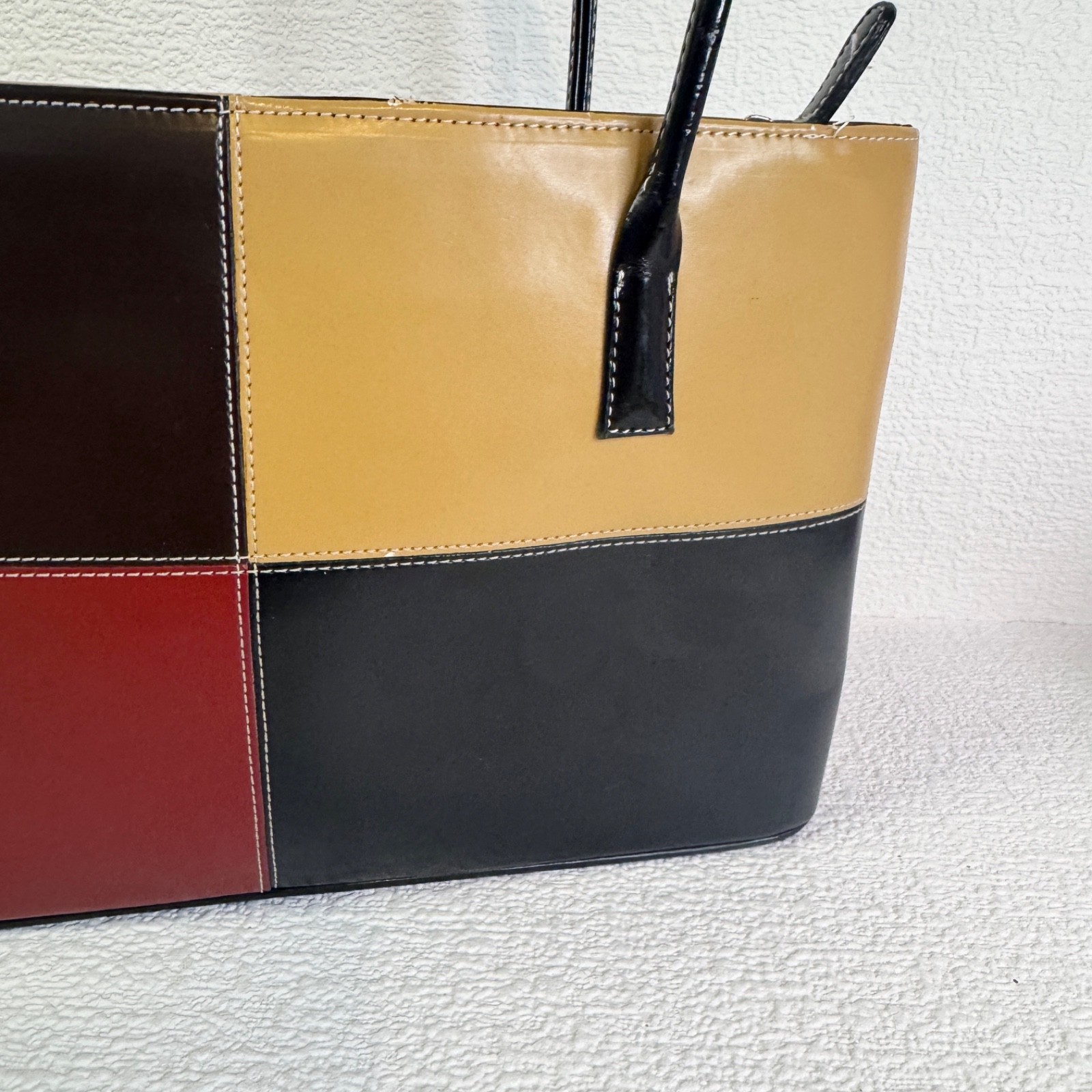 90s Style Leather Colorblock Handbag Brown Burgundy Black Cream Work Bag Retro