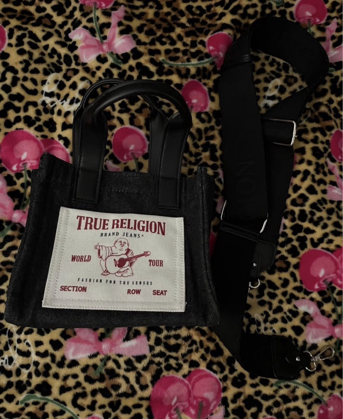 True Religion Small Black Tote Bag Logo Patch, Detachable Strap