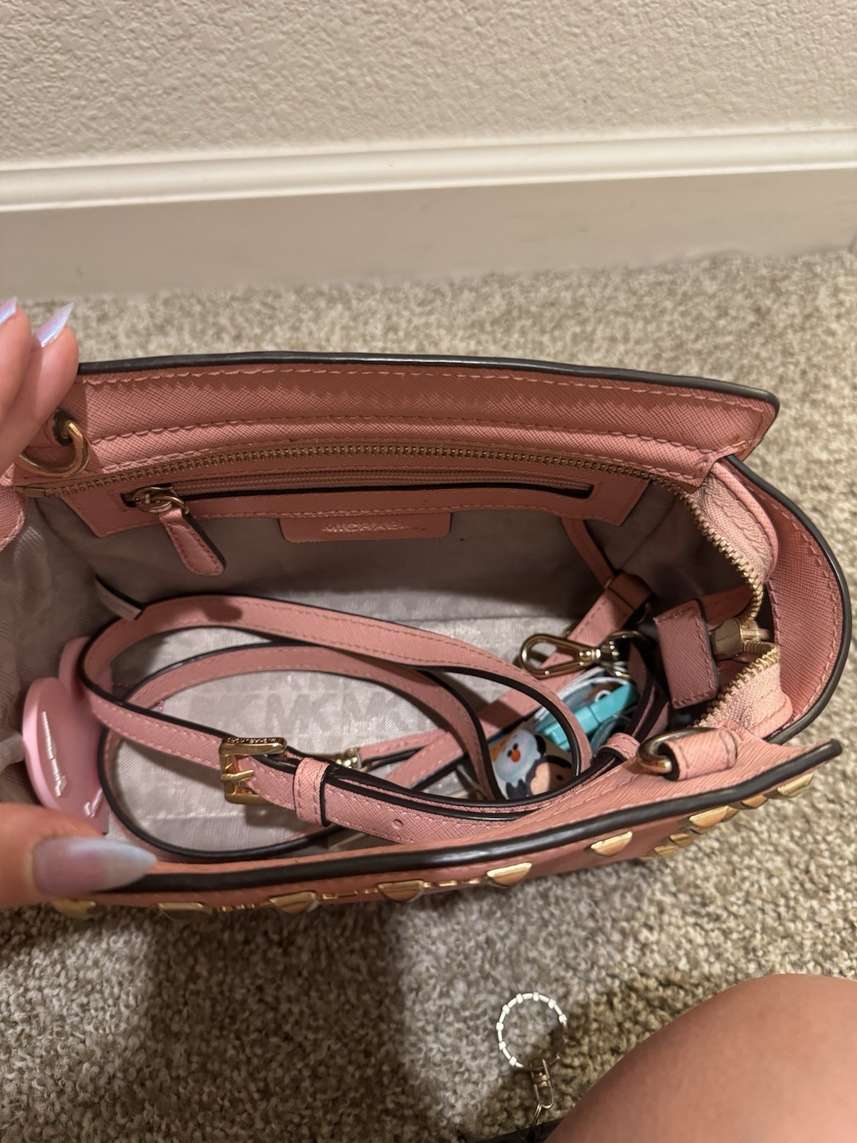 Michael Kors Pink Studded Satchel Top Handle Crossbody Zip Small + Dust Bag