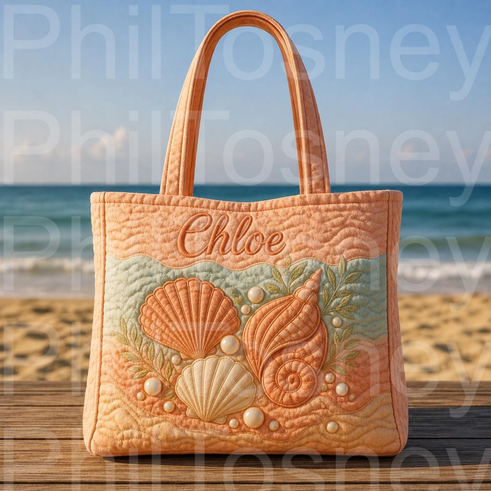 Personalized Seashell Quilted Tote Bag, Custom Name Beach Shoulder Bag, Coastal