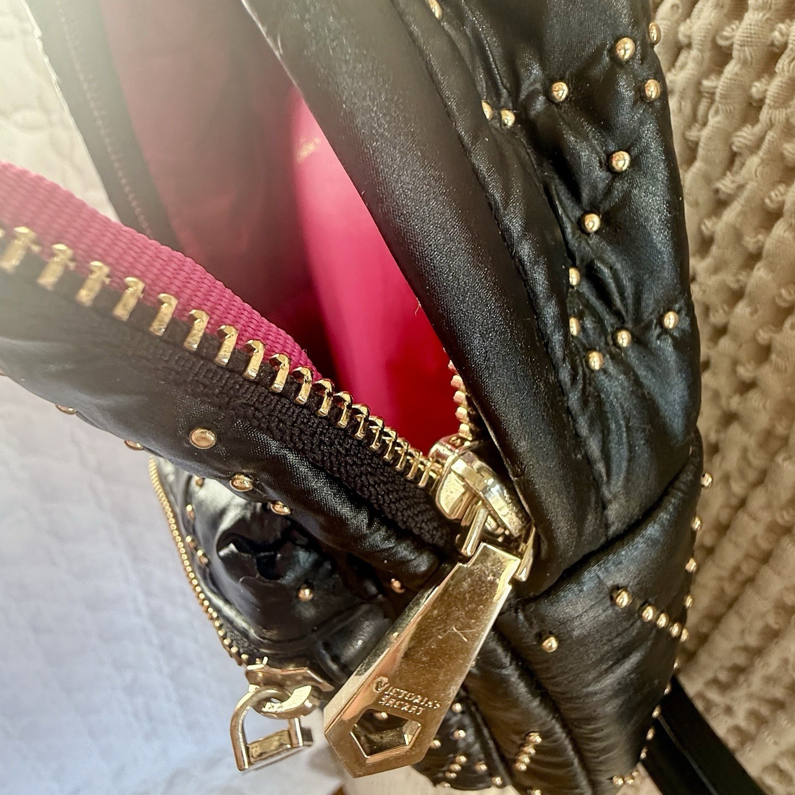 Victoria’s Secret Mini Backpack Black Quilted Nylon Gold Studded Small Bag