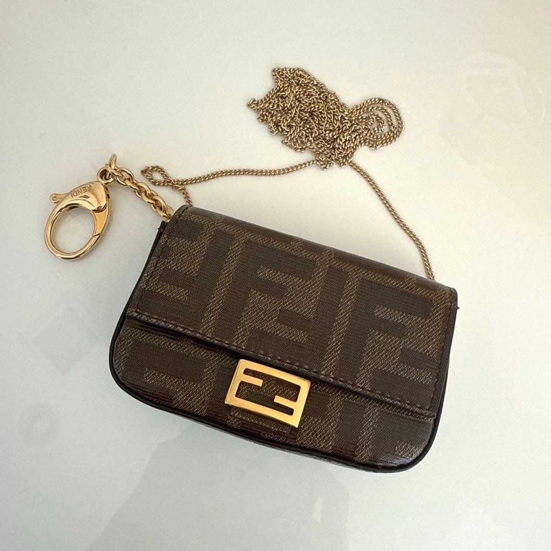 FENDI Brown FF Monogram Pouch Chain Coin Purse Nano Baguette Bag Charm Dust Bag
