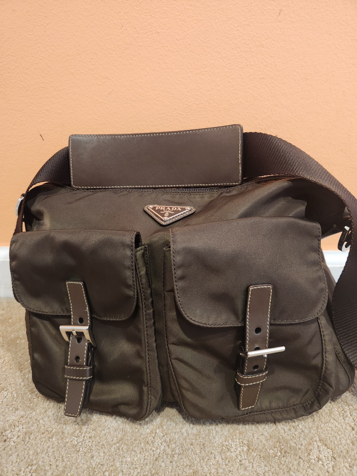 PRADA Tessuto Khaki Nylon Unisex Crossbody Messenger or Shoulder Bag
