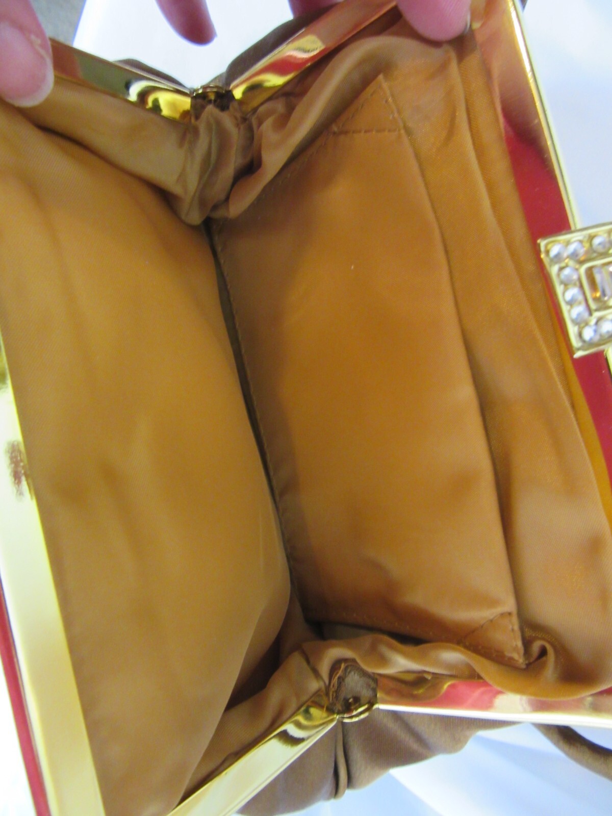 Satin Evening Purse Handbag Brown Metal Frame Closure Rhinestone Clasp