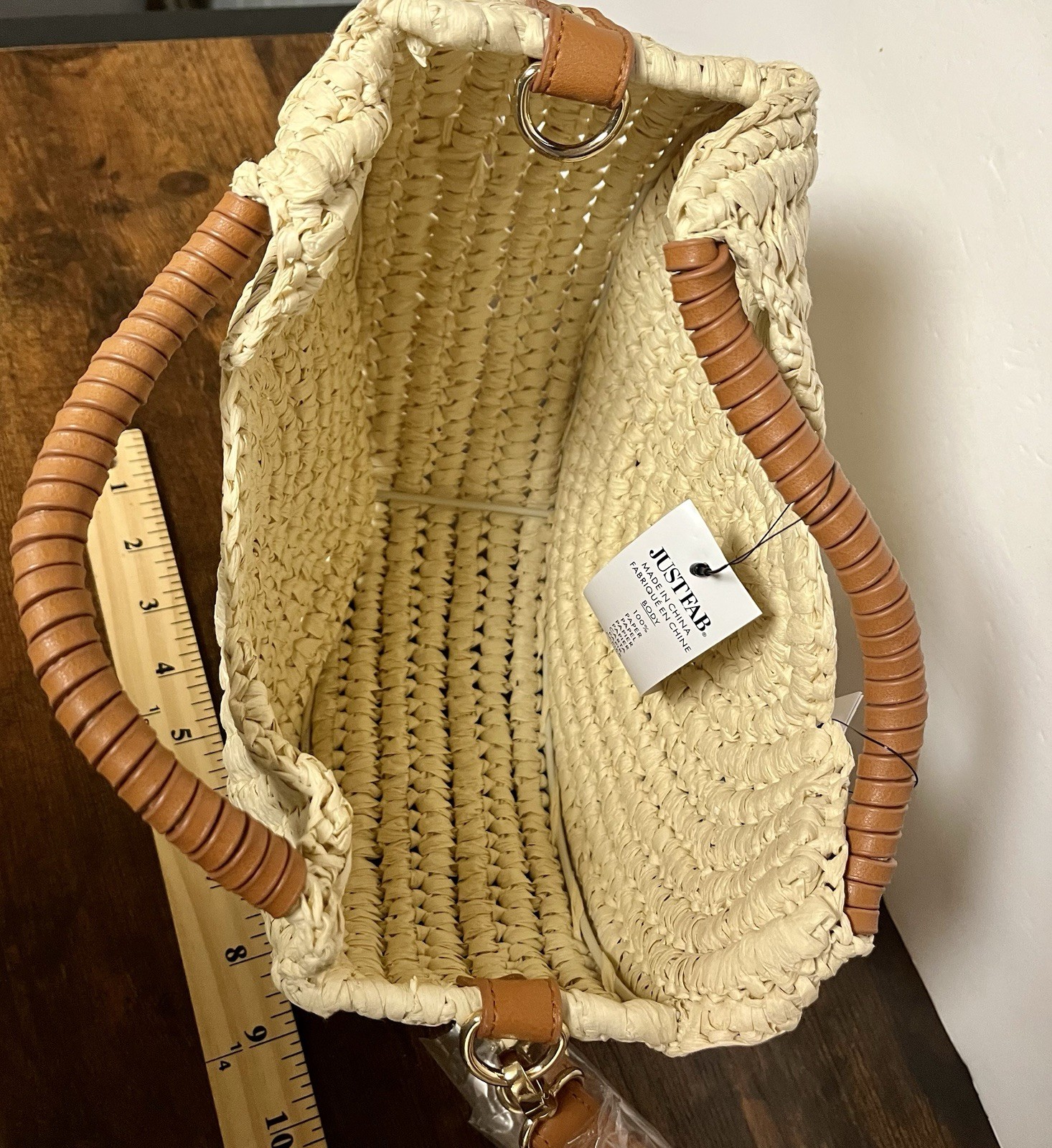Justfab Half Moon Woven Straw Cross Body Bag Faux Leather Strap & Handles