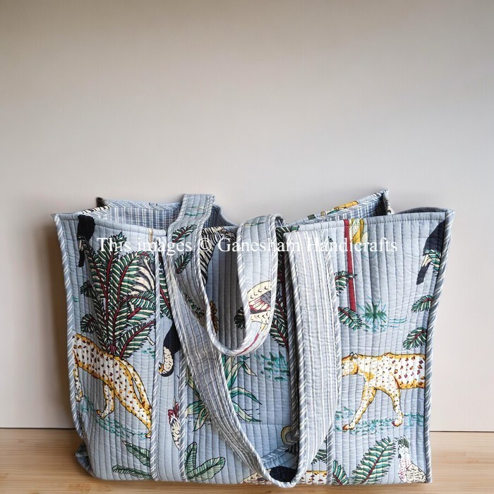 Indian Tote Bags Quilted Handmade Cotton Block Large Shoulder Shopping Bag Women