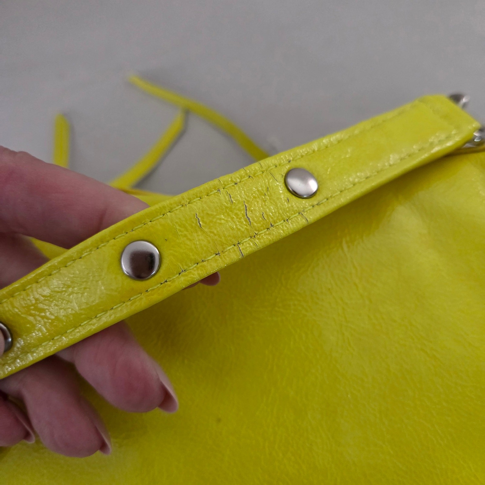 New with Flaws Rebecca Minkoff Chartreuse Mini Mac Patent Leather Crossbody Bag