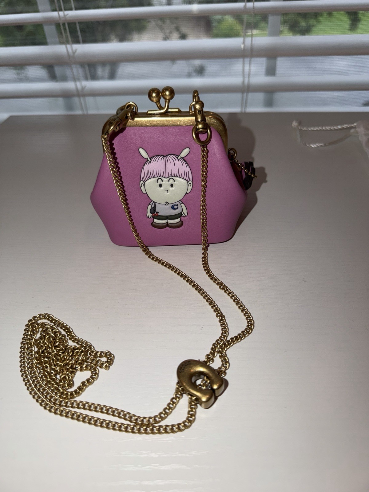 COACH Brain Dead Kisslock Neck Pouch With Xerx Alien Leather/Brass/Pink CER98