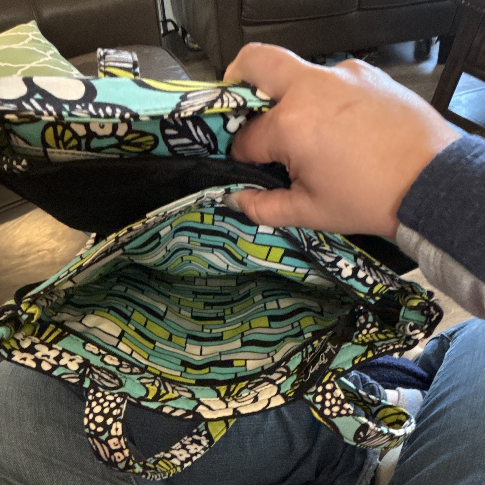 Vera Bradley Blue Green Black White Floral Tote Bag Double Handles