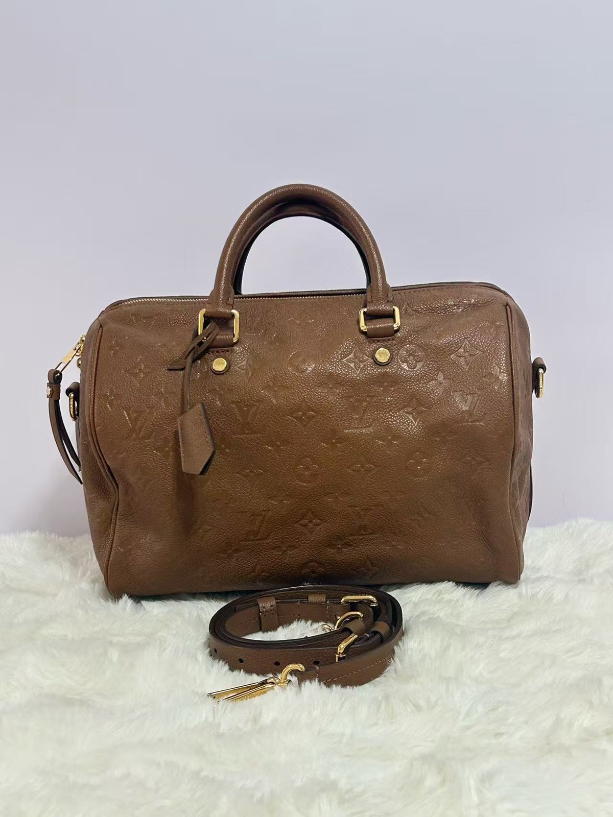Louis Vuitton Speedy 30 Bandouliere Boston Bag Brown Empreinte Leather Gold
