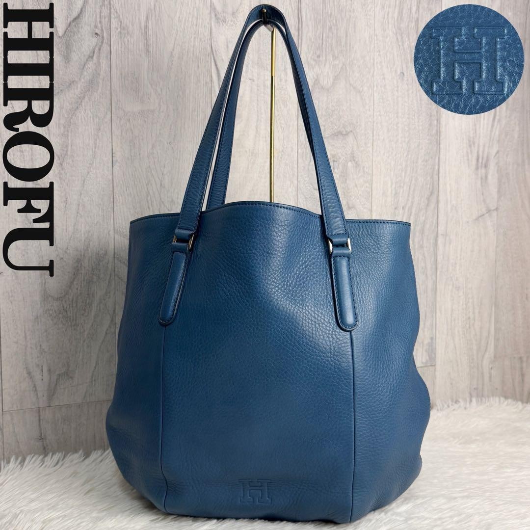 HIROFU H Logo Leather Tote Bag Blue A4-Compatible Women Used Authentic