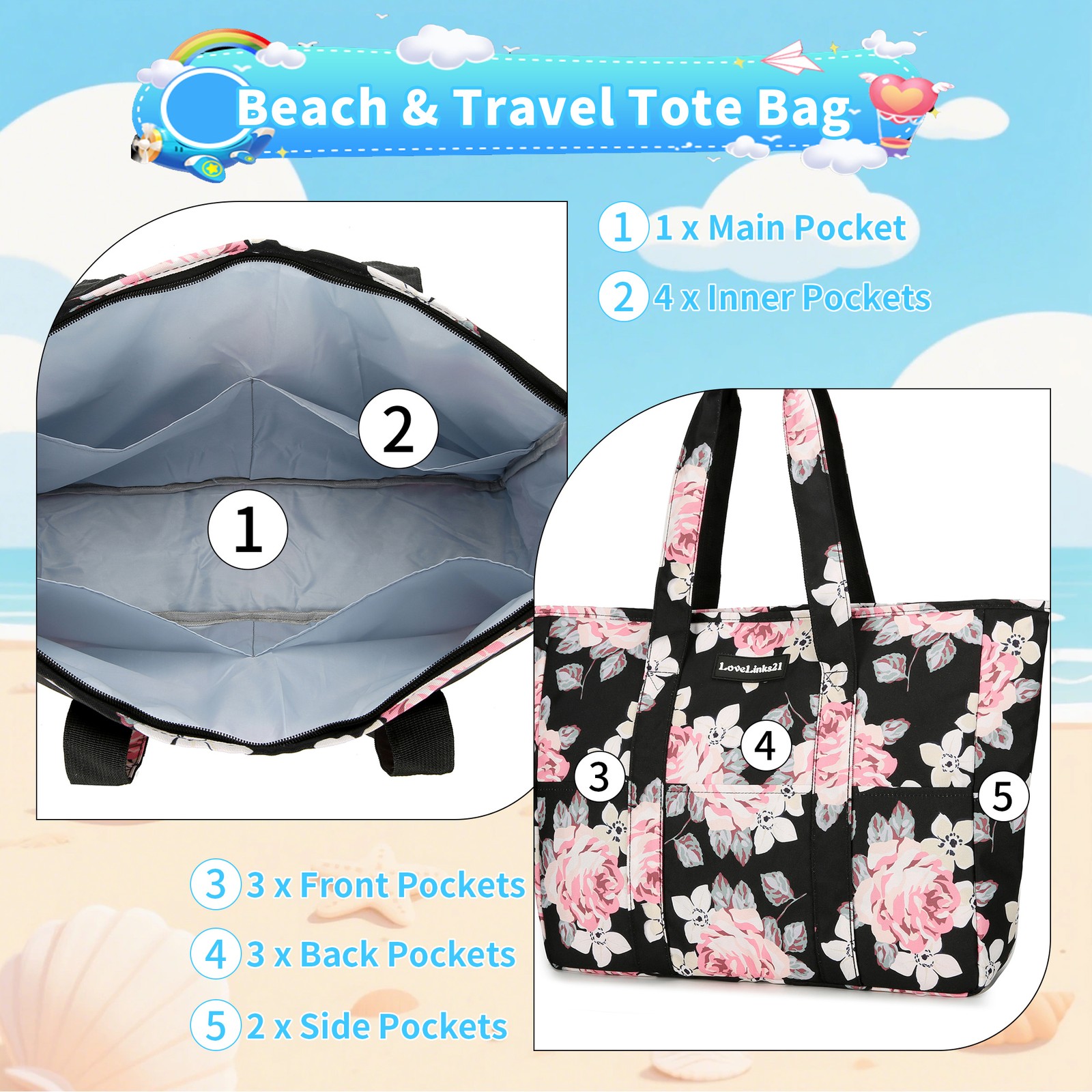 Lady’s travel beach bag, handbag, flower and leaf pattern