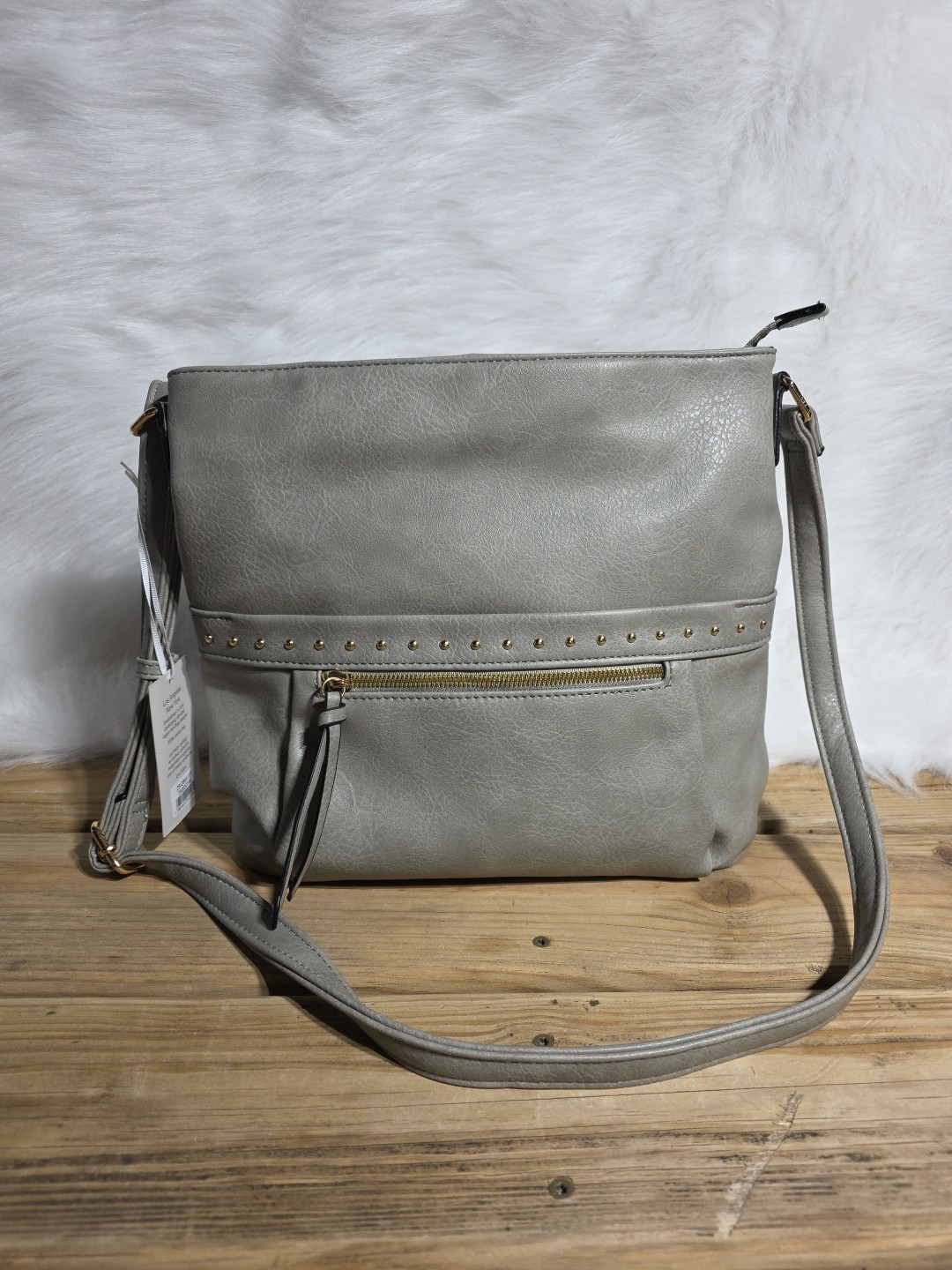 Alyssa Shoulder Bag Purse Crossbody Gray NWT Studded leopard print lining