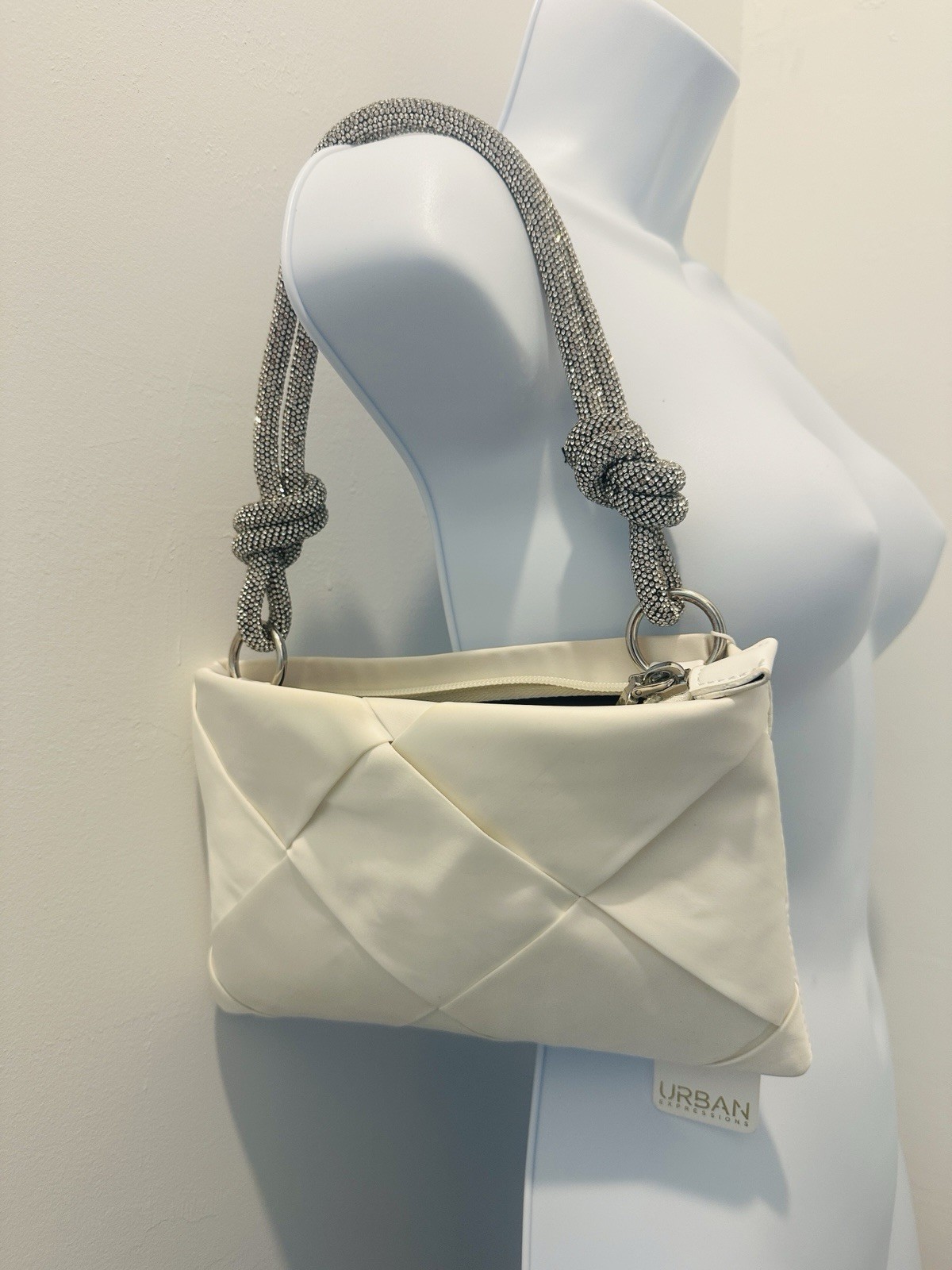 Urban Expressions White Quilted Rhinestone Top Handle Bag Detachable Strap