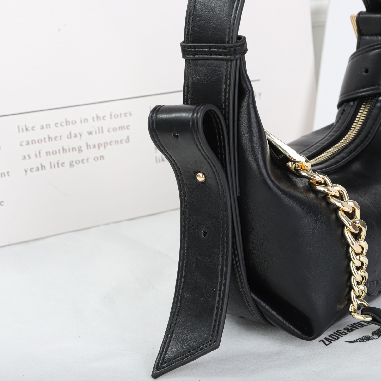 Zadig & Voltaire Black Leather Shoulder Bag Gold Chain Buckle 22x11x12cm