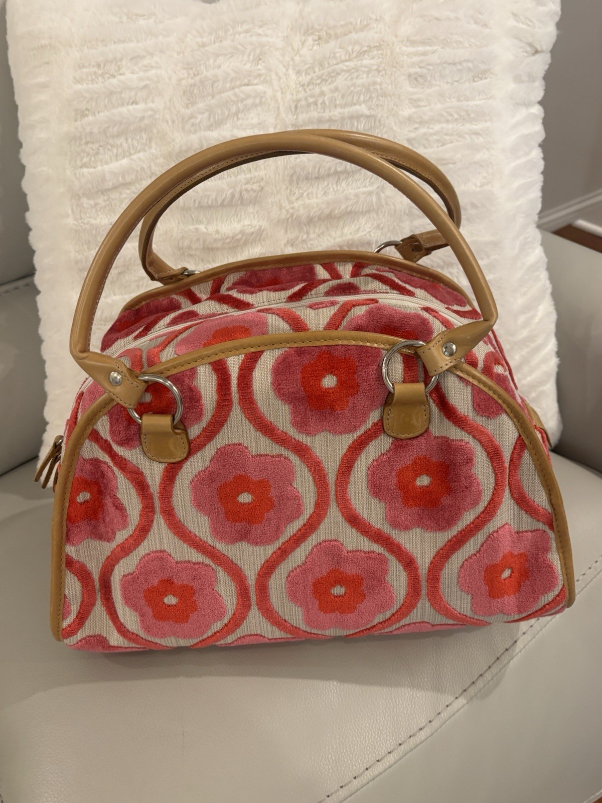 Glenda Gies “Poppi” Chenille Handbag Flower Power Designer Purse Coral Pink