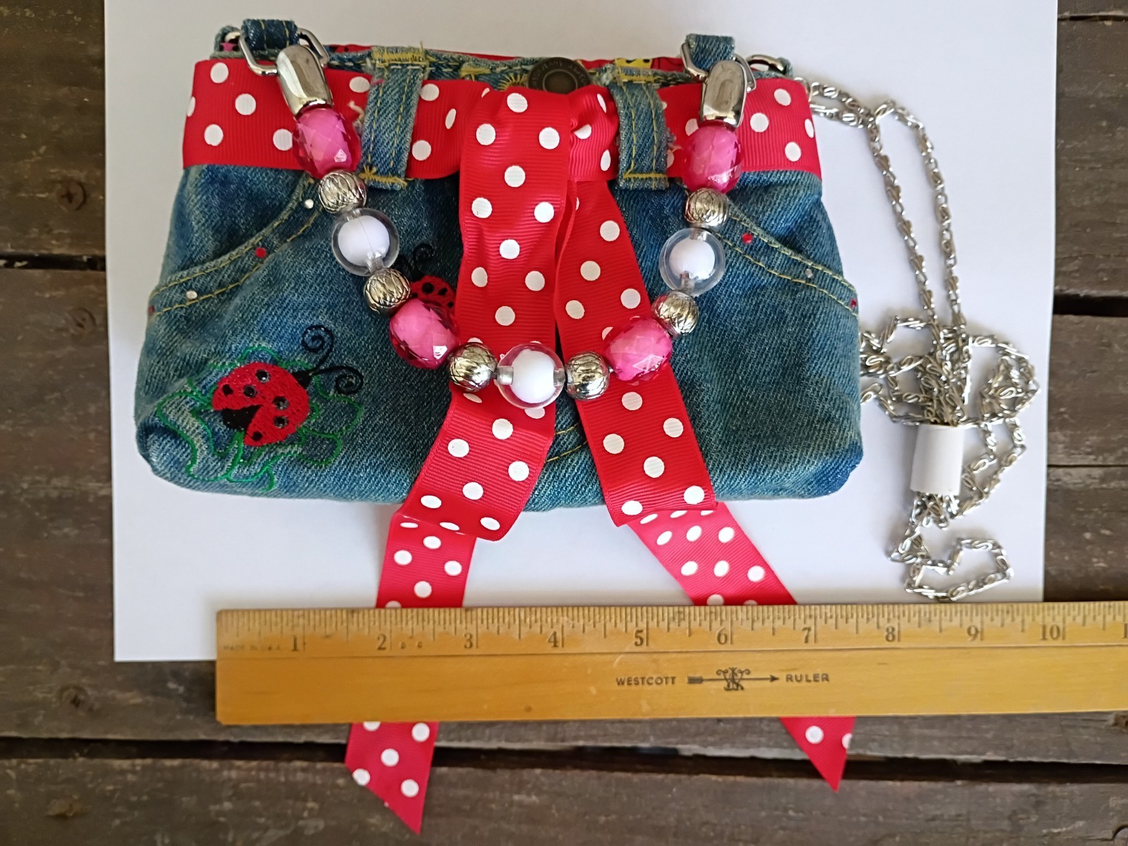 Small, Blue Jean Embroidered Lady Bug with handles and long chain strap