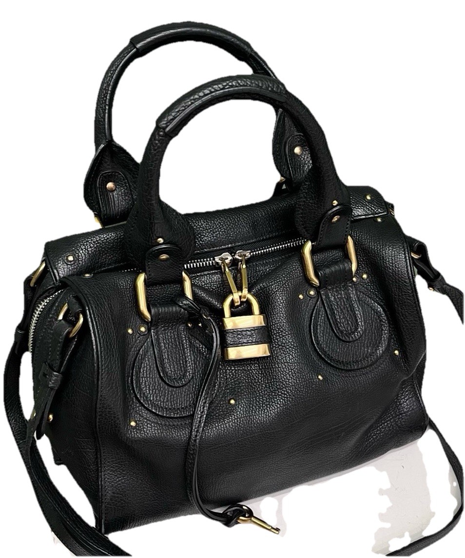 Authentic Chloé Paddington Satchel Bag Black Pebbled Cowhide Antique Gold