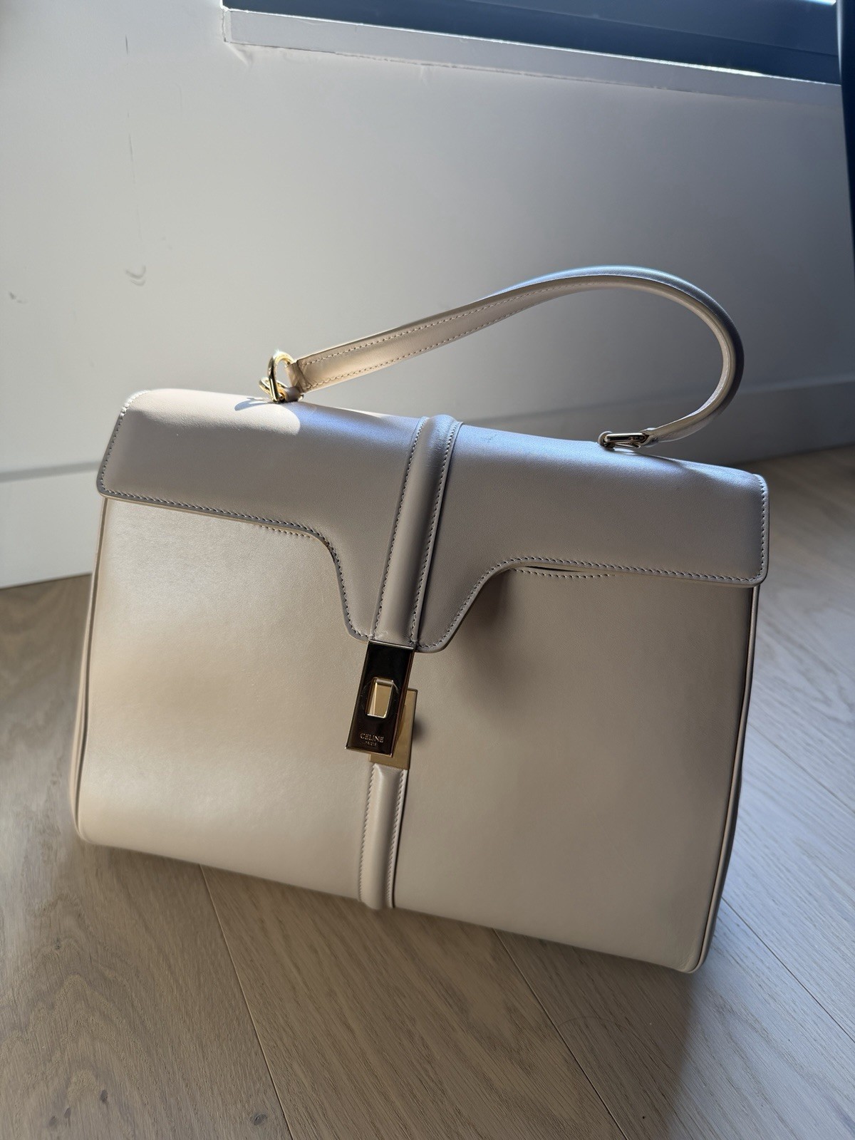 CELINE Medium Classique 16 Bag Beige Satinated Calfskin Gold Hardware 12.5”