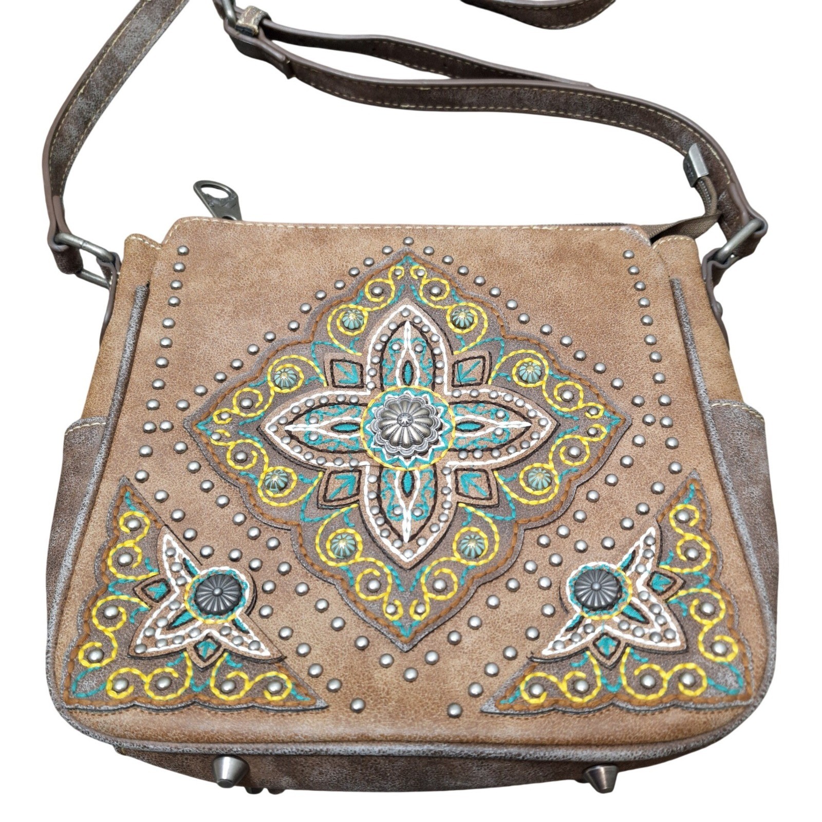 Montana West Womens Brown Embroidered Studded Crossbody Bag Western Boho Mandala