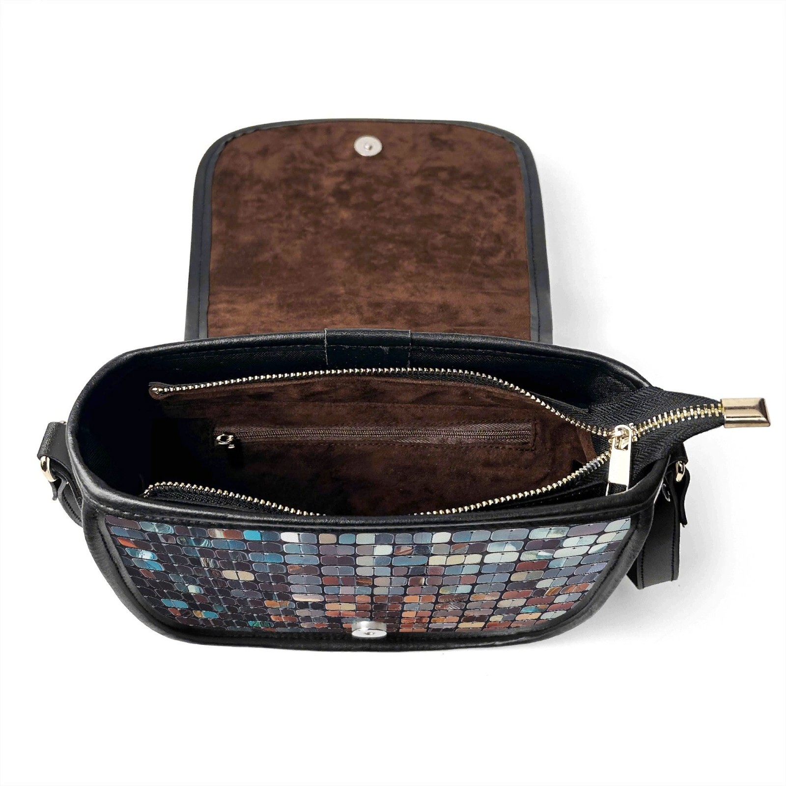 Sequin Tiles Scales Genuine Leather Saddle Shoulder Bag Handbag Silver Disco