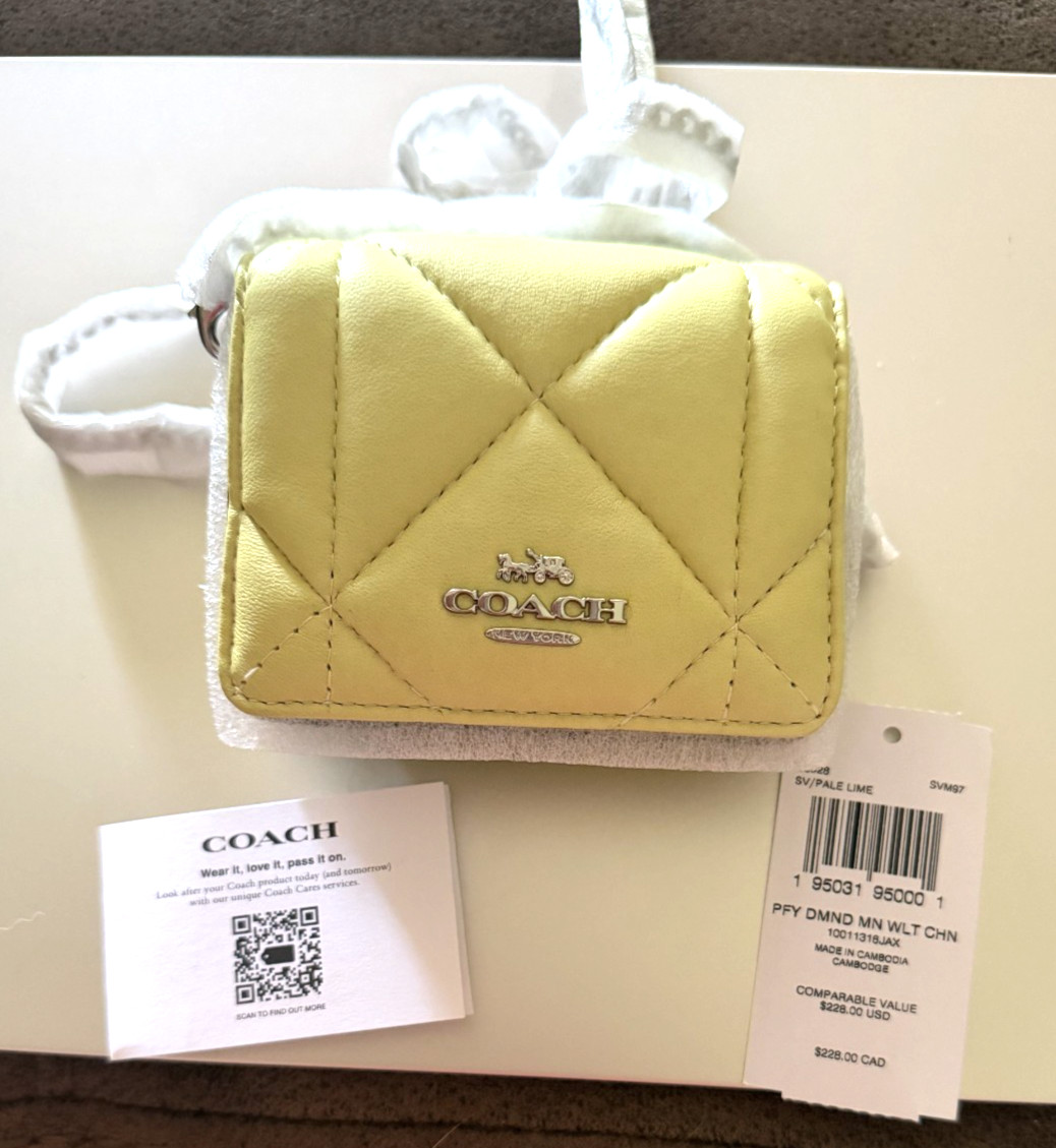 Coach Mini Wallet On A Chain With Puffy Diamond Quilting Pale Lime CJ528 NWT
