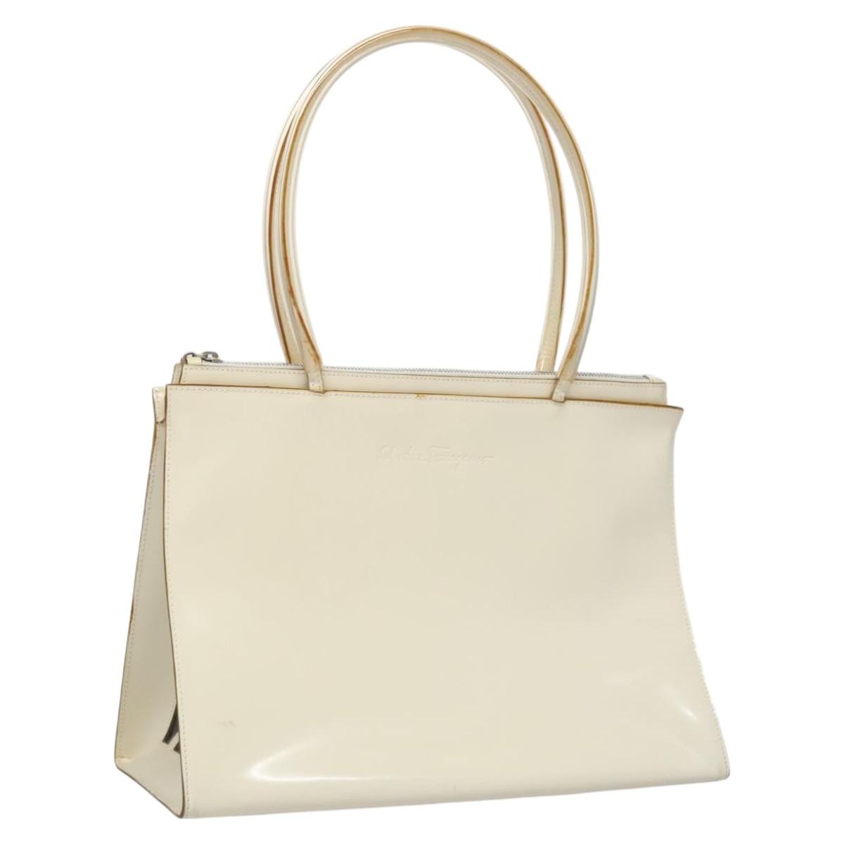 Salvatore Ferragamo Tote Bag Enamel White Silver Auth bs23225