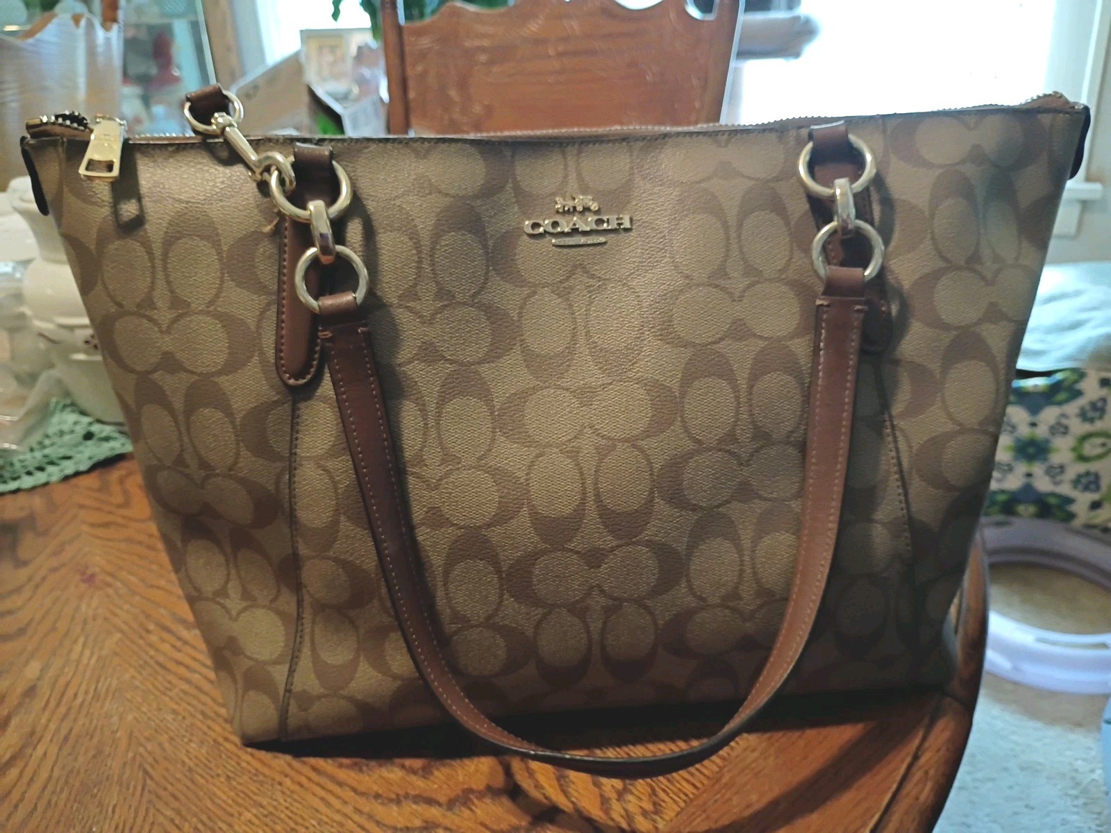 COACH F58318 Ava Women’s Signature Tote Handbag – Brown/Tan