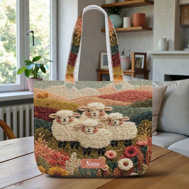 Fluffy Sheep Quilted Tote Bag, Personalized Lamb Farmhouse Purse, Knitter and Cr