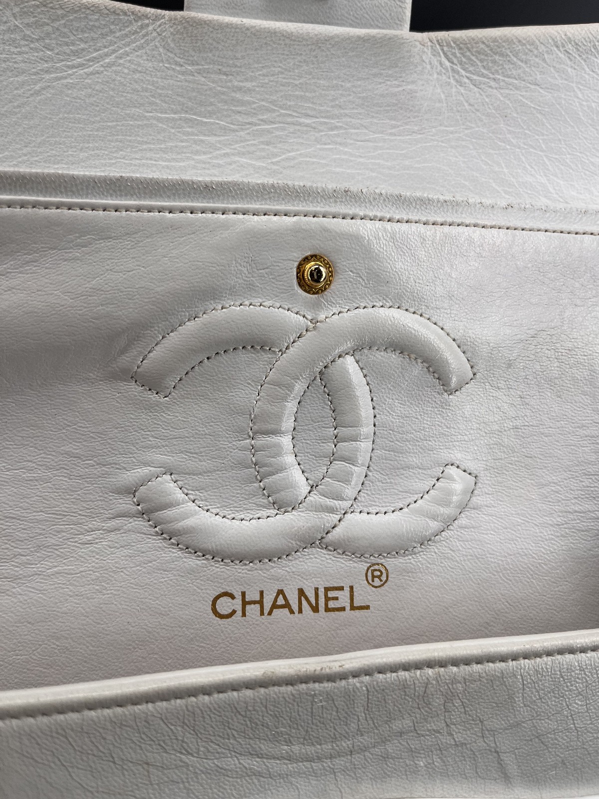 Authentic Chanel Medium Classic Double Flap White Caviar Light Gold HW Bag
