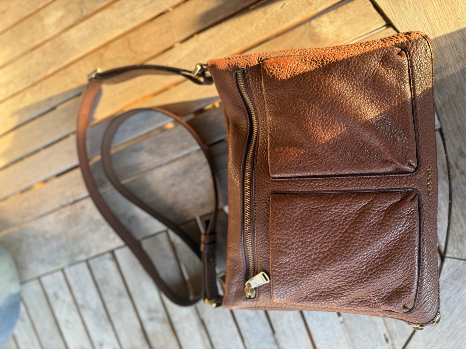 Fossil Piper Purse Crossbody Expandable Brown Pebbled Leather Pockets
